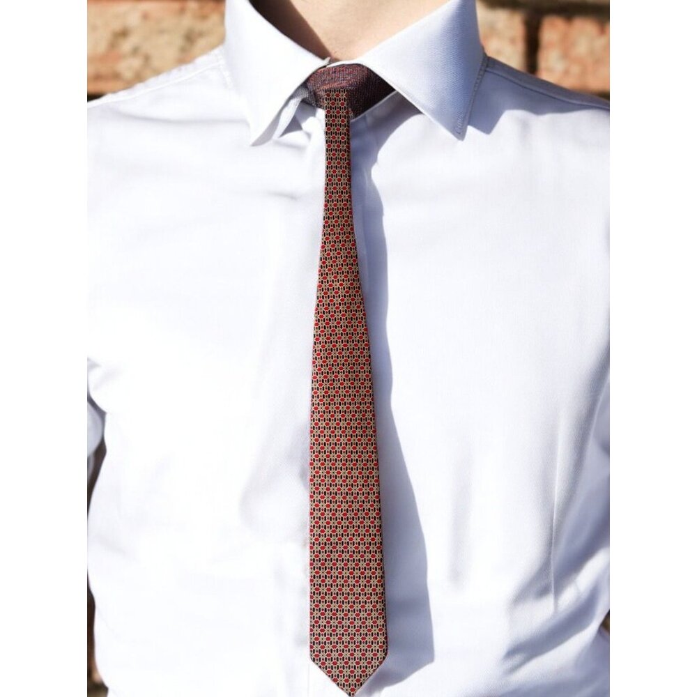 St. Lorren 100% Silk Tie, Geometric Pattern: Red, Blue, and Gold on Cream - Made